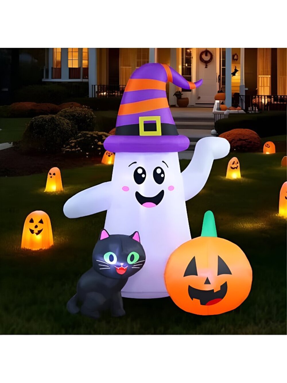 5FT Cute Halloween Inflatables Ghost, Blow Up Wizard Ghost with Pumpkin Black